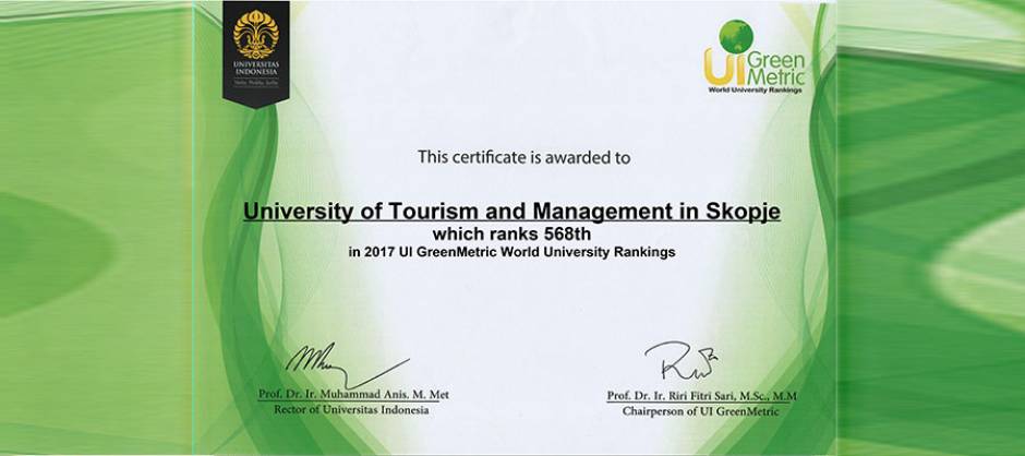 THE UNIVERSITY OF TOURISM AND MANAGEMENT IN SKOPJE IS PROVIDED FOR THE NAUCHOLOGICAL UNIVERSITY IN THE REPUBLIC OF MACEDONIA